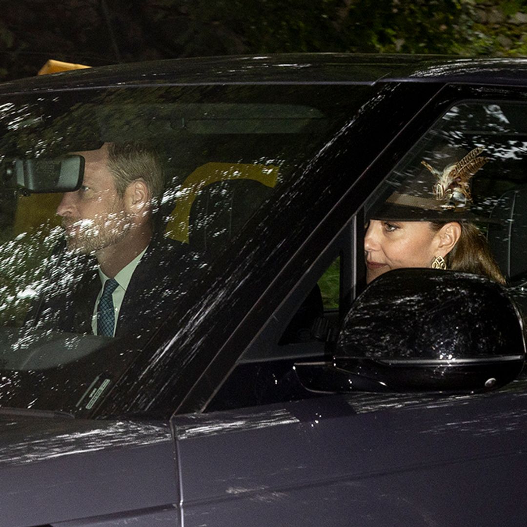 Kate is all smiles alongside Prince William as they travel to Balmoral to join King Charles at church