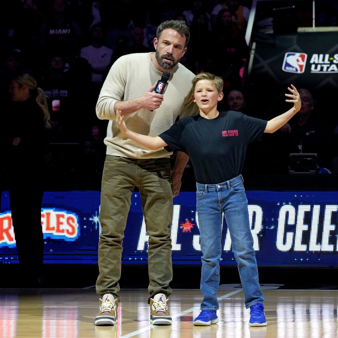 Ben Affleck and Samuel Garner Affleck speak at the Ruffles Celebrity Game during the 2023 NBA All-Star Weekend at Vivint Arena on February 17, 2023 in Salt Lake City, Utah