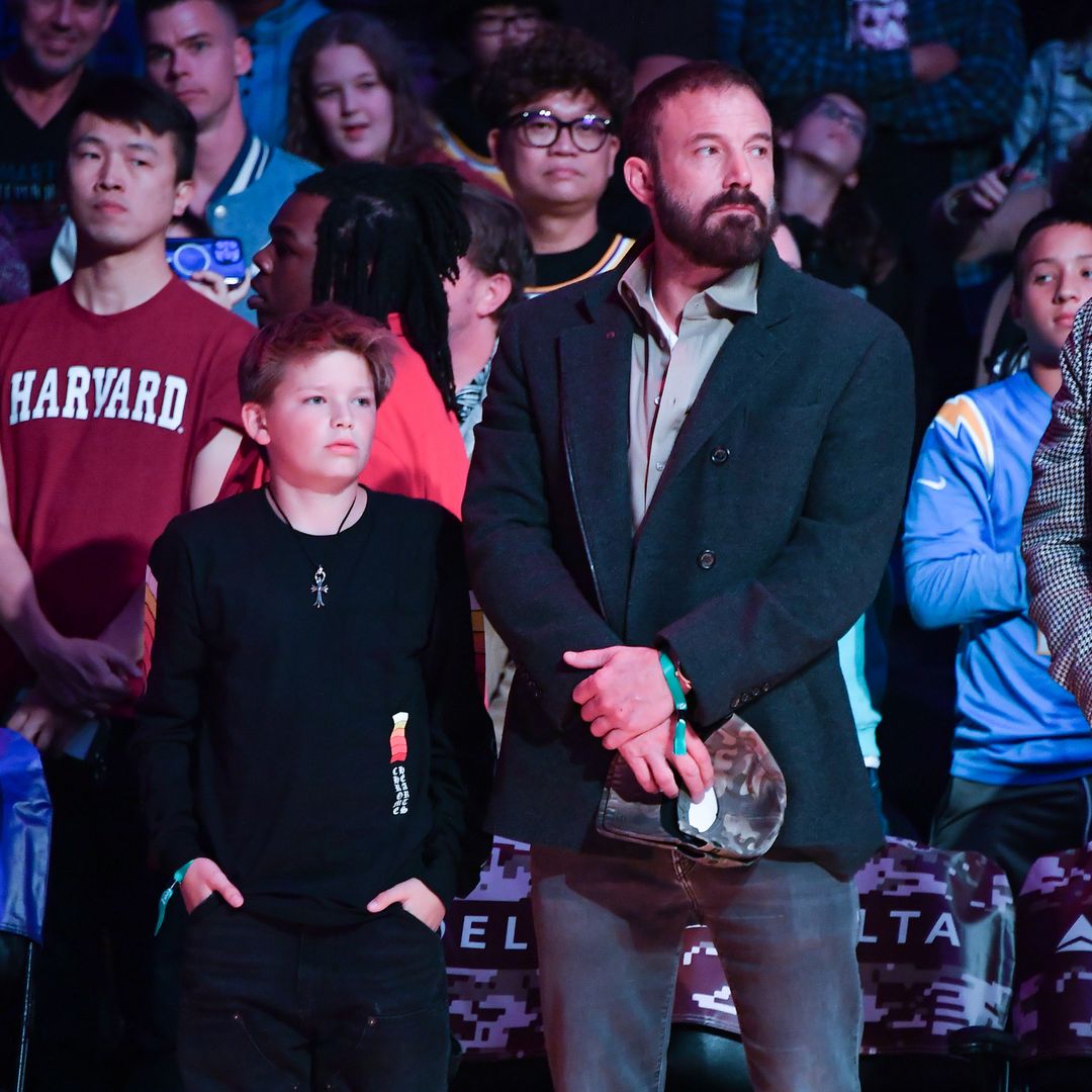 Ben Affleck (R) and Samuel Garner Affleck attend a basketball game between the Los Angeles Lakers and the Toronto Raptors at Crypto.com Arena on November 10, 2024 in Los Angeles, California