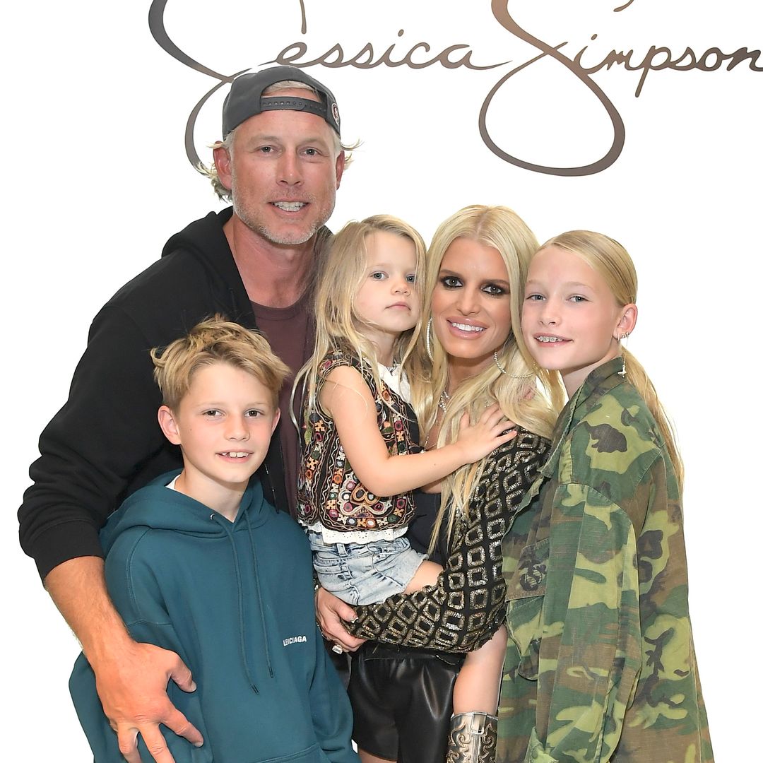 Knute Johnson, Eric Johnson,  Birdie Mae Johnson, Jessica Simpson, and Maxwell Drew Johnson celebrate the launch of Jessica Simpson's Fall Collection at Nordstrom at The Grove on September 24, 2022 in Los Angeles