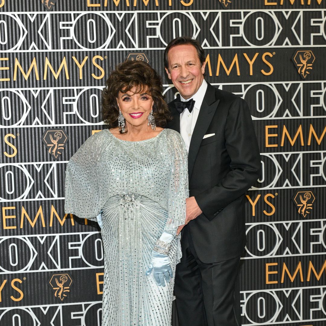 Joan Collins, 90, makes incredible red carpet entrance in sparkly frock alongside fifth husband Percy Gibson, 58 at Emmys