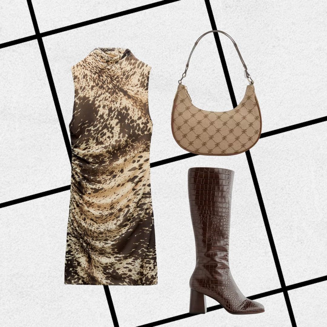 Outfit consisting of print mini dress, monogram bag and croc-effect knee-high boots 
