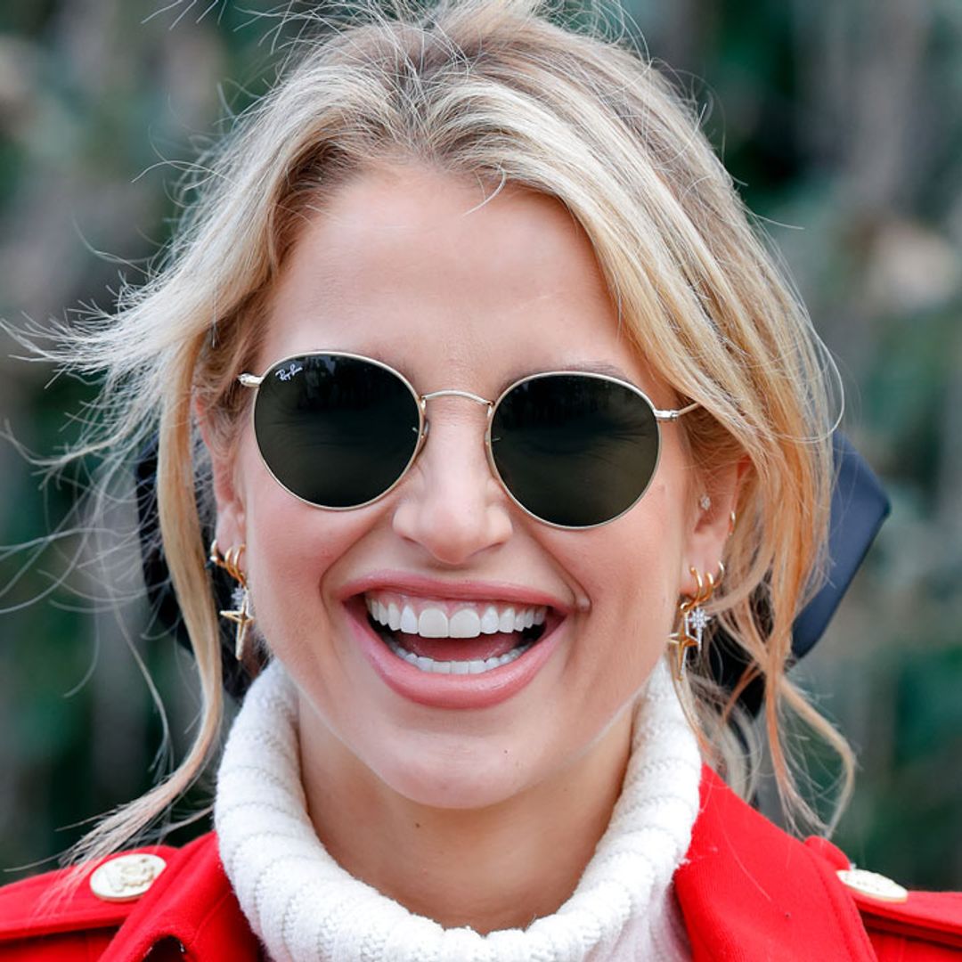 Vogue Williams wraps up in a bold Dolce & Gabbana puffer jacket for day out with Theodore