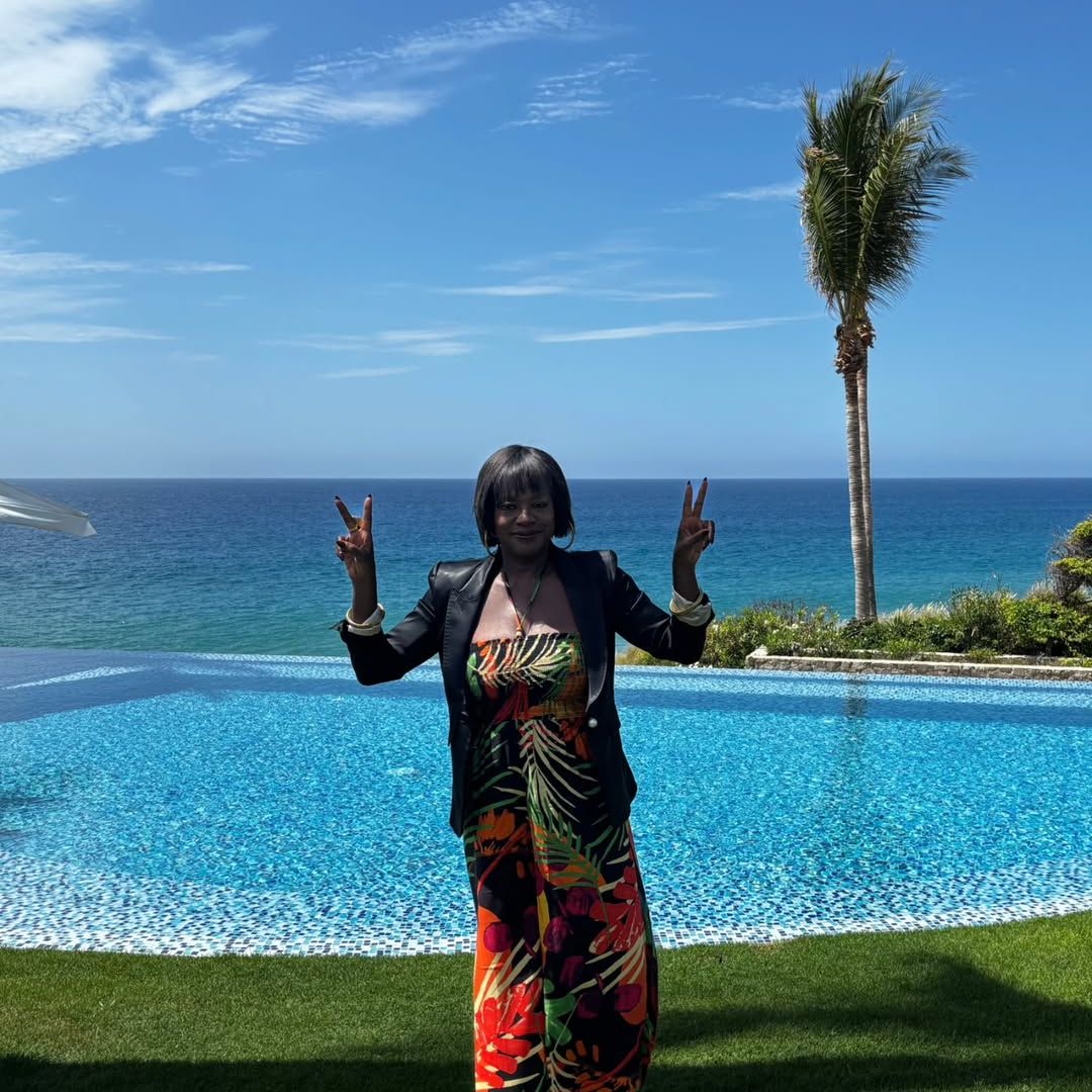 Viola Davis poses for a photo by the pool of her vacation home in Los Cabos, Mexico for her 60th birthday, shared on Instagram