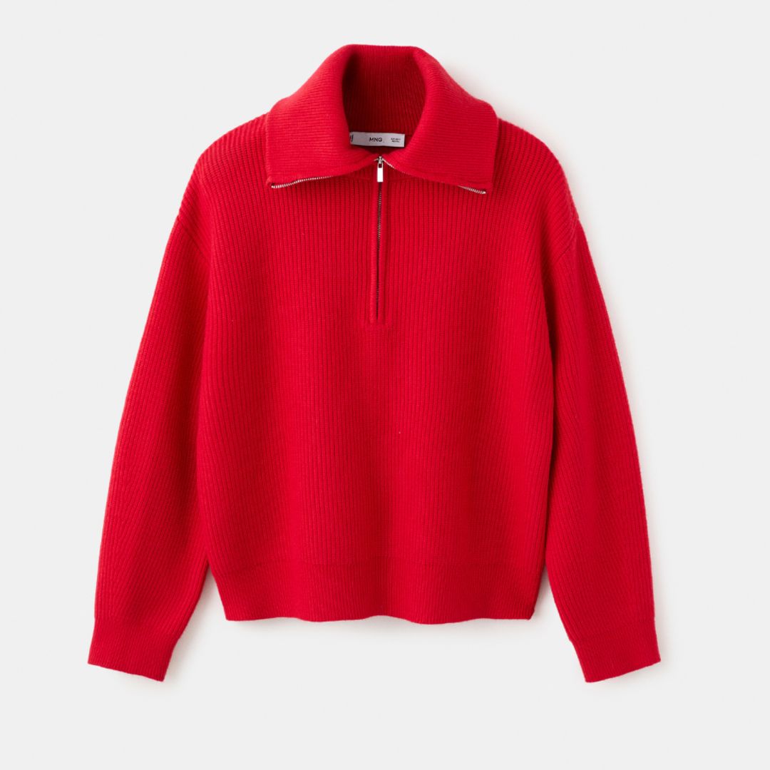 Mango Rouge Col Cheminée Zippé