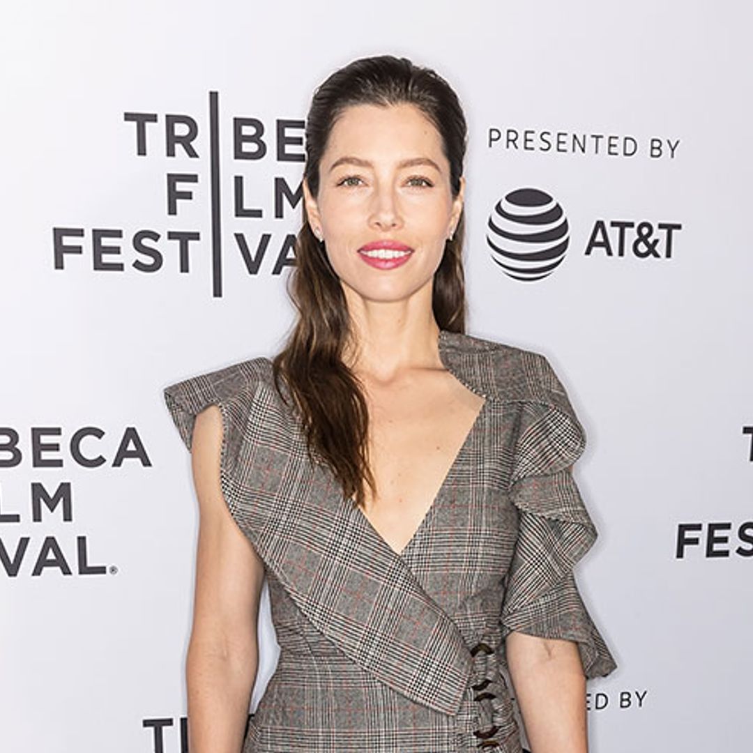 Jessica Biel wears statement checked dress at Tribeca Film Festival