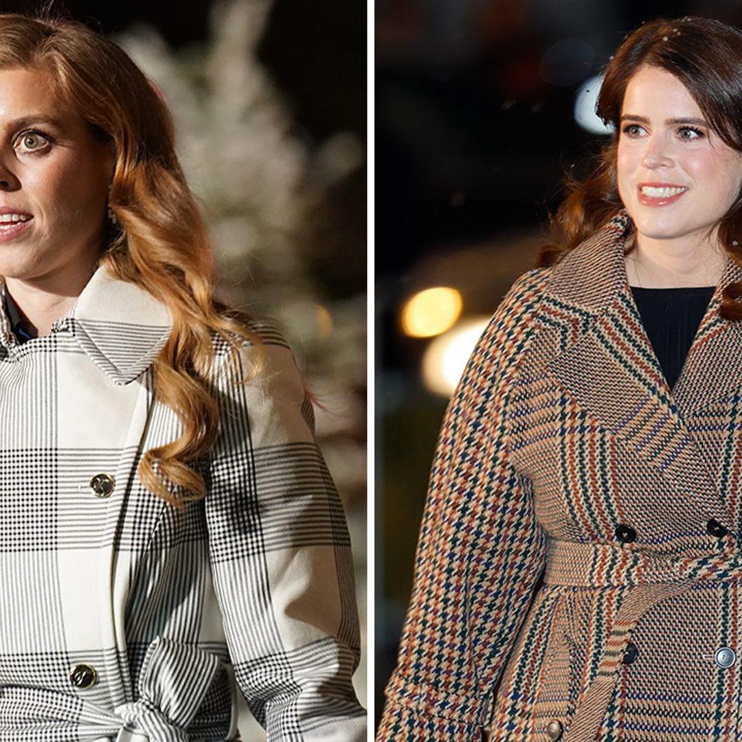 Princess Beatrice and Princess Eugenie twin in houndstooth trench-style coats at the annual 'Together at Christmas' carol service