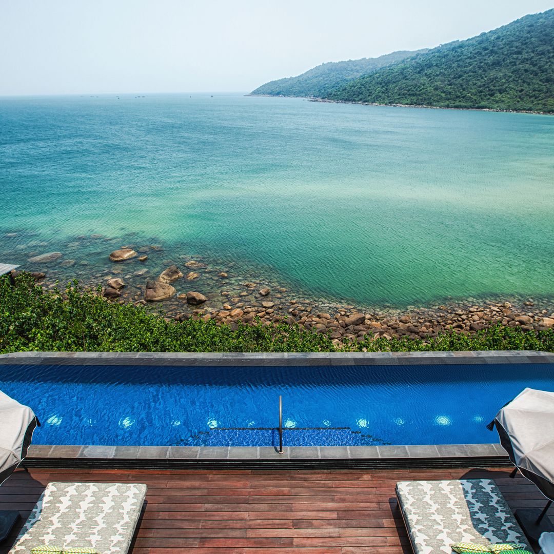 Da Nang Vietnam intercontinental hotel view from pool overlooking mountains