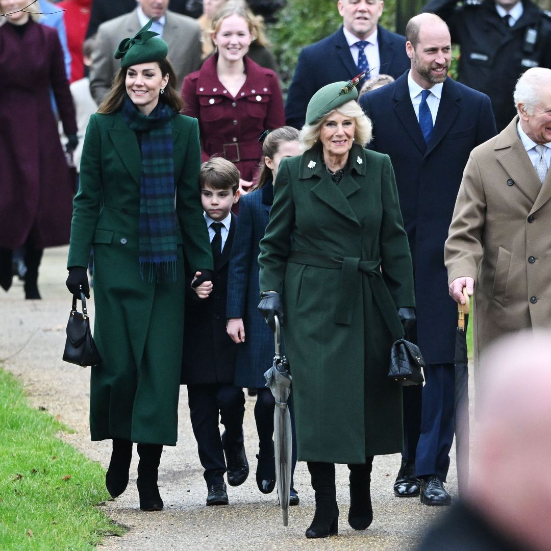 Queen Camilla, King Charles, the Princess of Wales, Prince Louis, Princess Charlotte, Prince William and Prince George on Christmas Day 