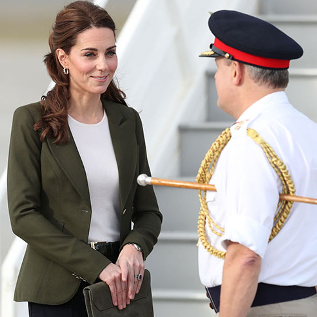 Kate Middleton lands in Cyprus in an olive green blazer and TROUSERS