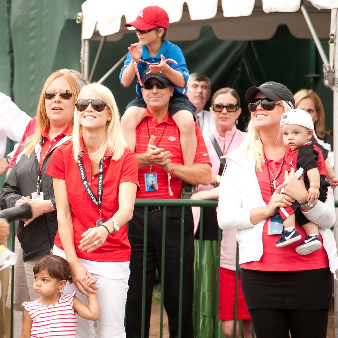 Sam Alexis Woods, Elin Woods, Josefin Nordegrin and Charlie Axel Woods wait for Tiger Woods during the final round of the 2009 AT&T National hosted by Tiger Woods, held at Congressional Country Club on July 5, 2009 in Bethesda, Maryland.