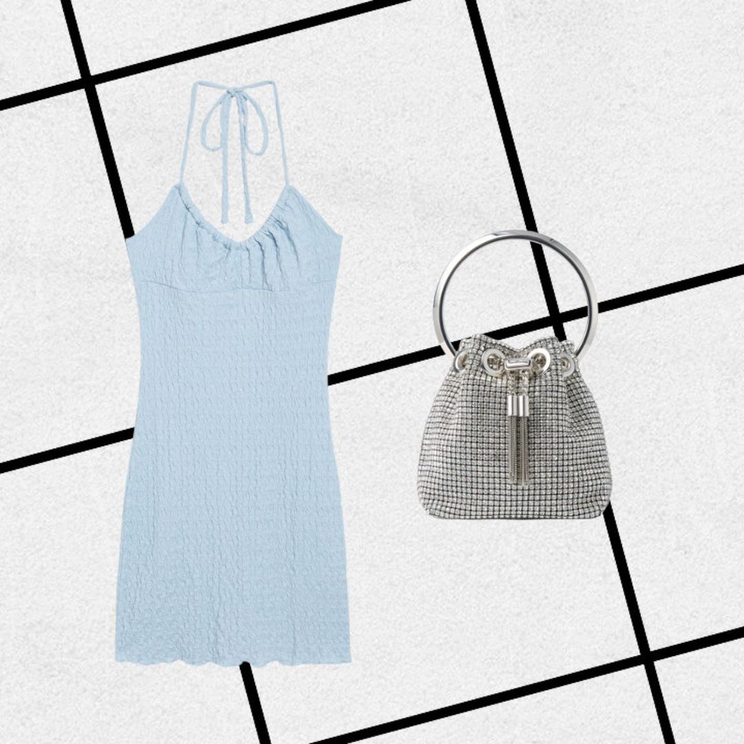 Baby blue mini dress and silver sparkly handbag 