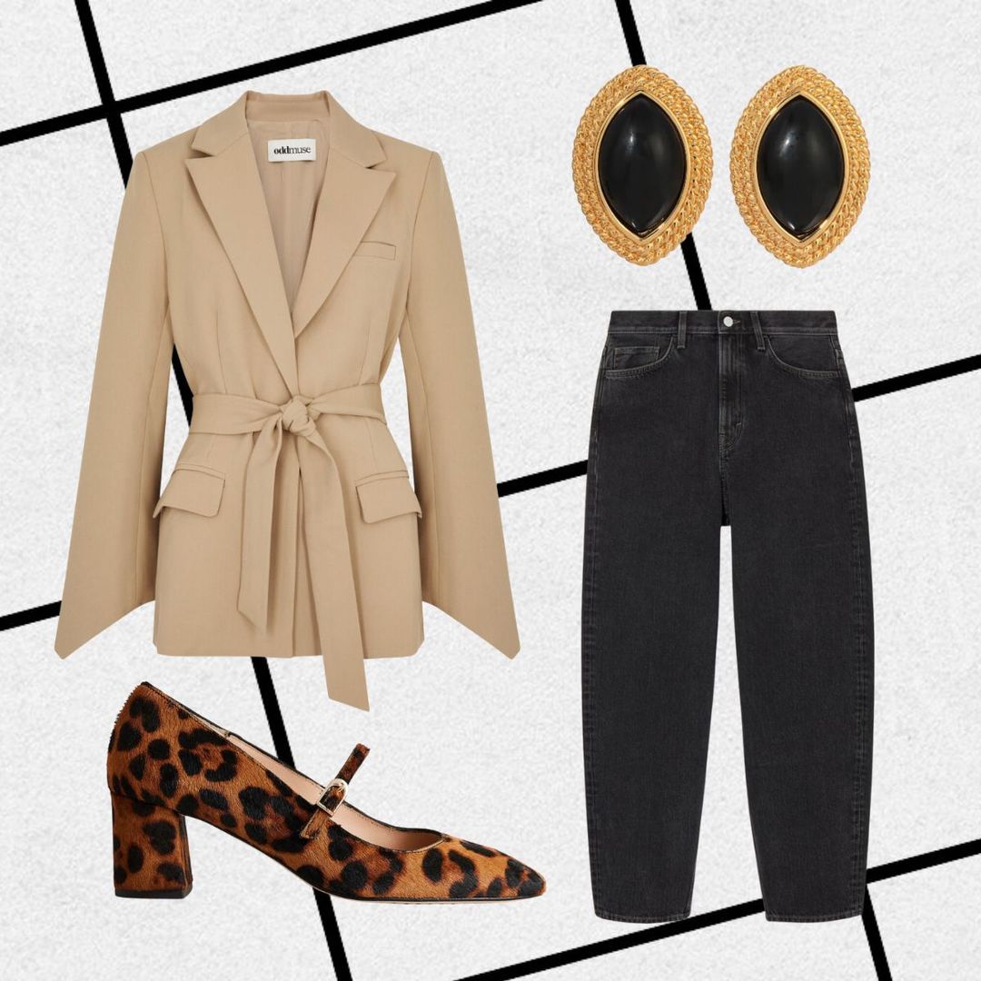 Lauren's date night outfit consisting of beige blazer, black barrel leg jeans, leopard Mary Jane shoes and gold earrings 