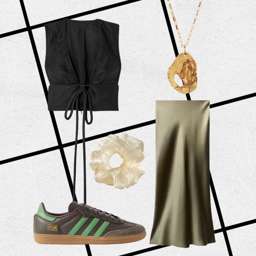 Orin's first date outfit consisting of satin skirt, Adidas Sambas, gold necklace, organza scrunchie, black bow top 