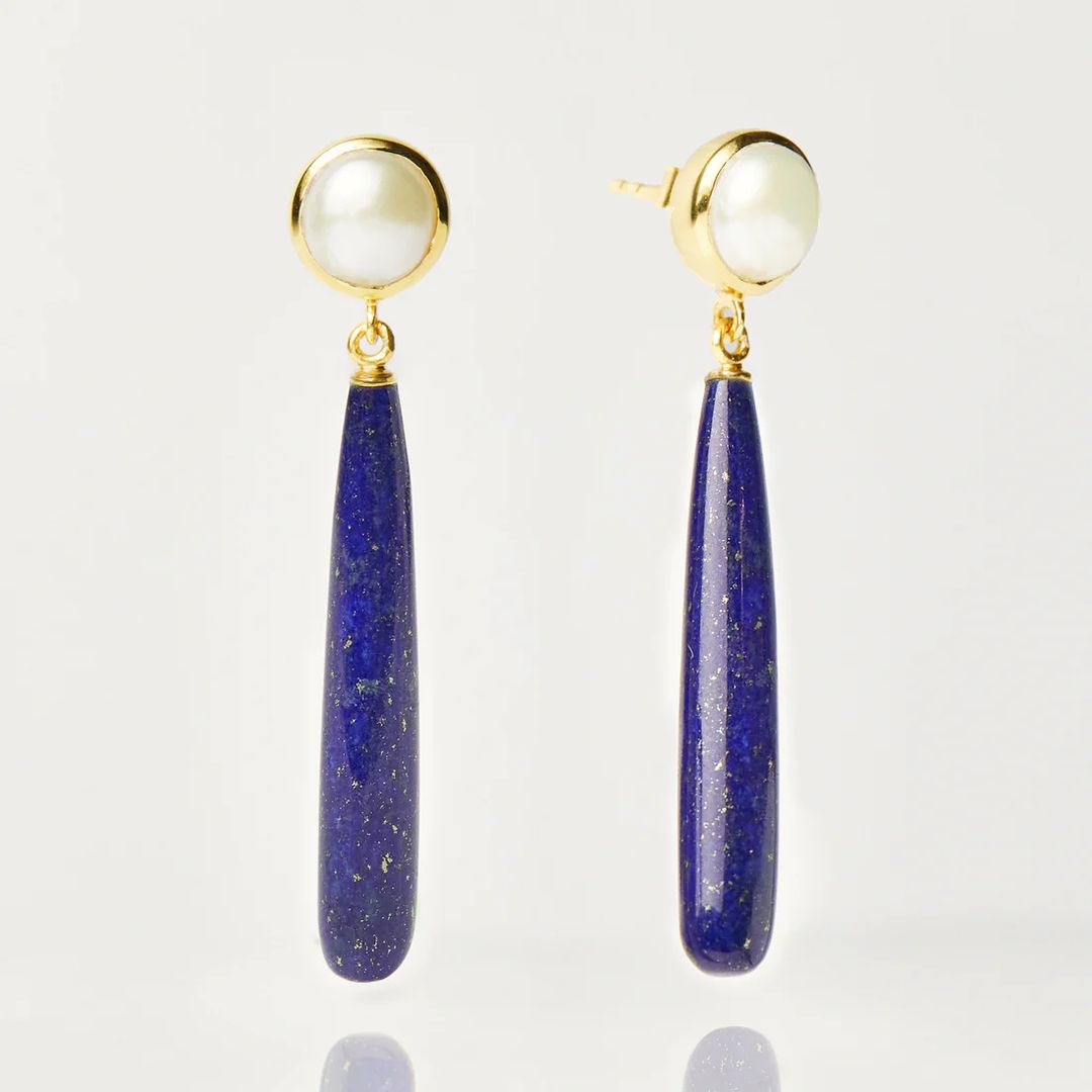 Pearl and Lapis Statement Drop Earrings - Carrie Elizabeth