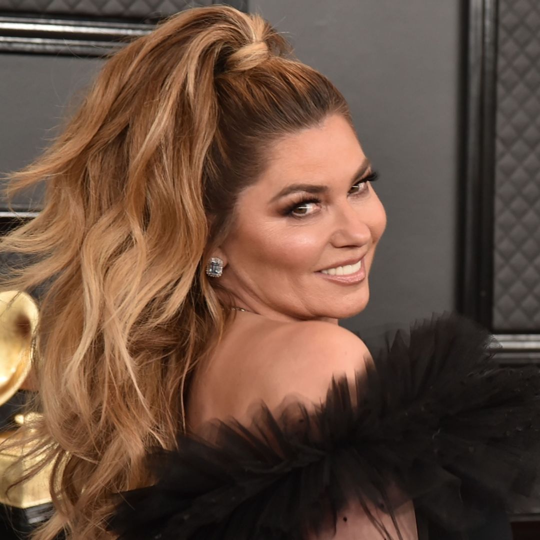 Shania Twain celebrates musical achievement in pink corset and white dress