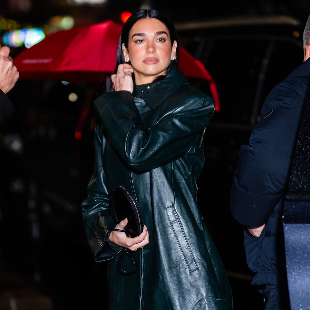 Dua Lipa dazzles in crystal-studded bodycon and leather coat