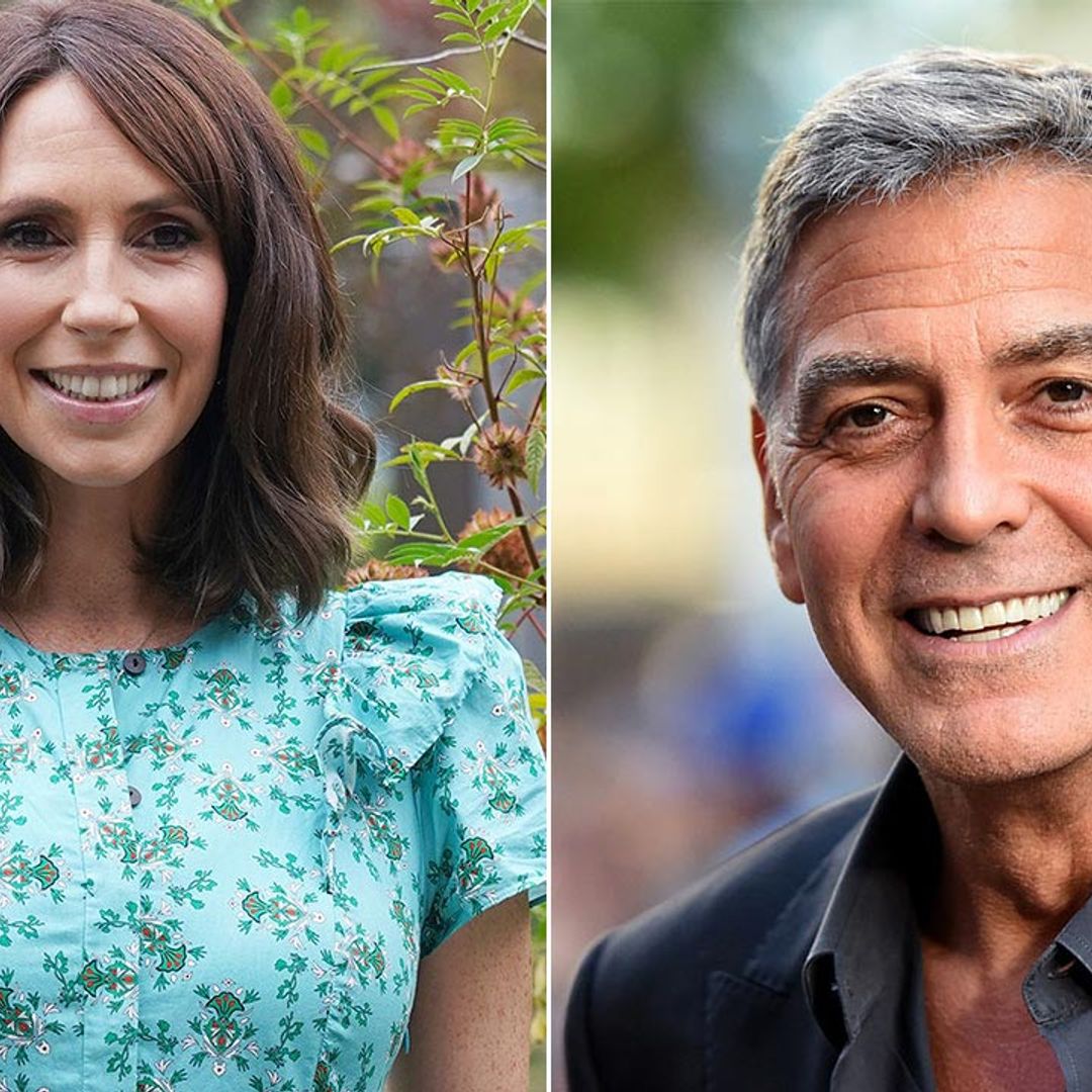 Alex Jones stuns in purple as she unites with George Clooney