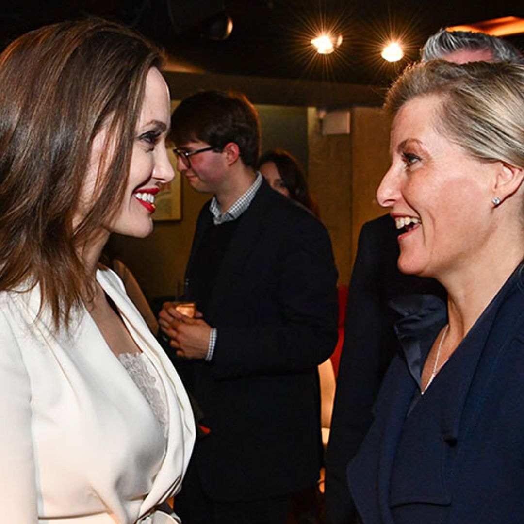 The Countess of Wessex is gorgeous in chic navy coat as she mingles with Angelina Jolie