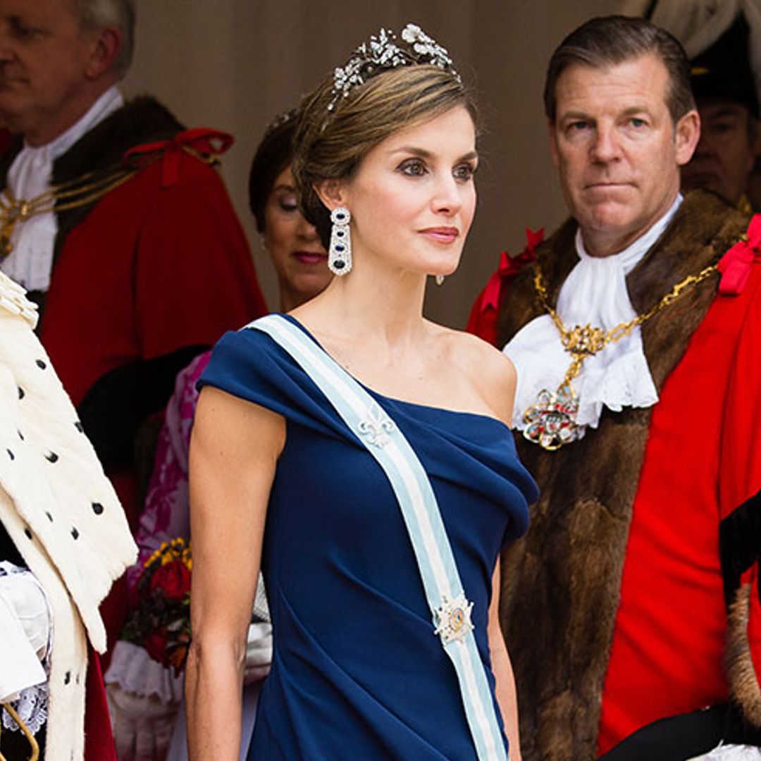 Queen Letizia dazzles in blue draped gown and floral tiara at Guildhall banquet