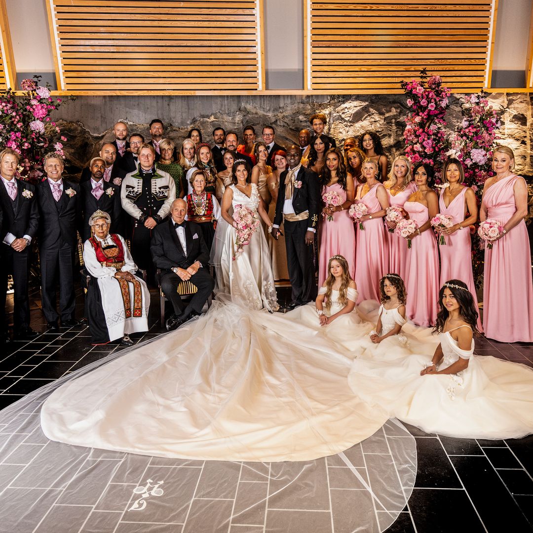 Newlyweds Princess Martha Louise and Durek pose with close family and wedding party