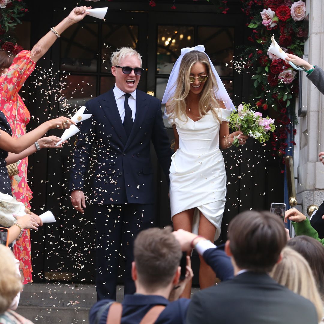 Jamie Laing's glam bride Sophie Habboo rocks leg-lengthening wedding mini dress and sunglasses