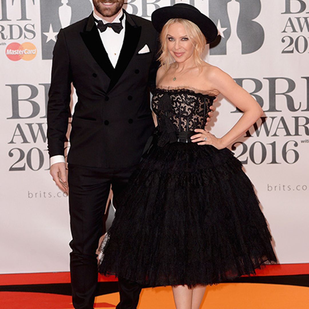 Newly-engaged Kylie Minogue and Joshua Sasse have the look of love at Brit Awards