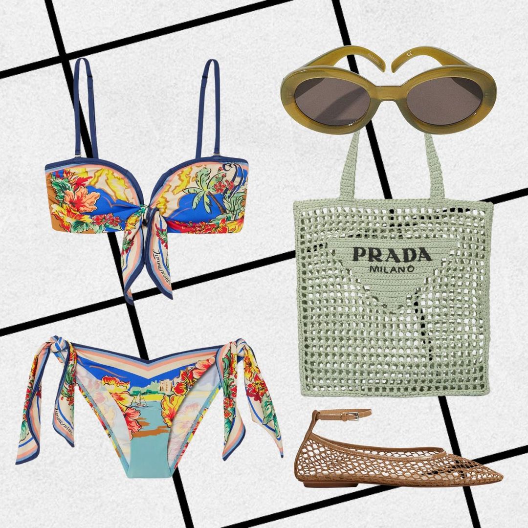 Outfit consisting of tropical print bikini, crochet beach bag, khaki sunglasses and mesh ballet flats 