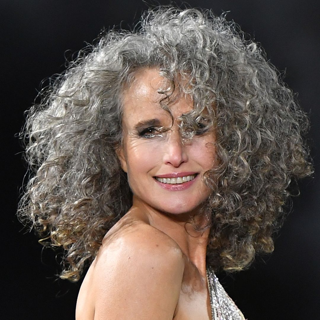 andie macdowell with curly gray hair