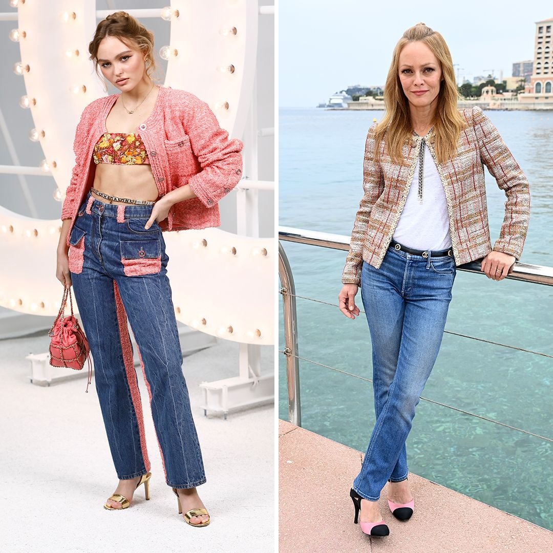 Lily-Rose Depp and Vanessa Paradis wearing bouclé jackets and jeans 