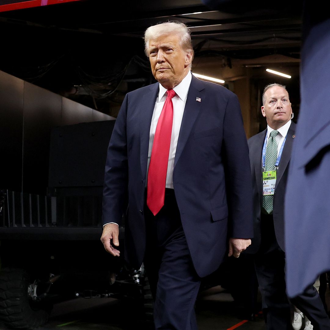 U.S. President Donald Trump walks onto the field prior to Super Bowl LIX between the Kansas City Chiefs and the Philadelphia Eagles at Caesars Superdome on February 09, 2025 in New Orleans, Louisiana.