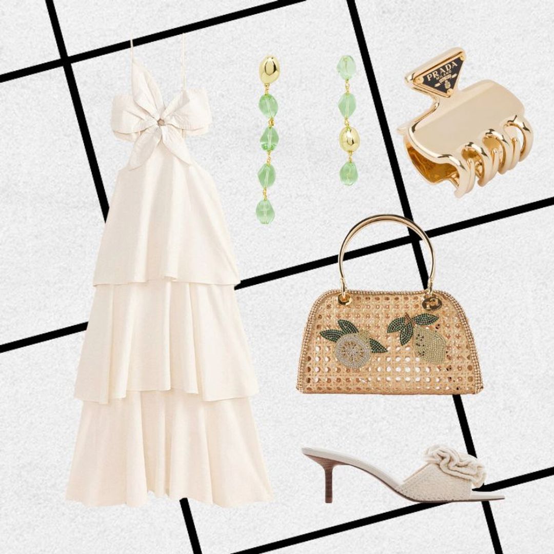 Honeymoon outfit consisting of cream tiered maxi dress, gold claw clip, crochet kitten heels, wicket lemon basket bag and green earrings 
