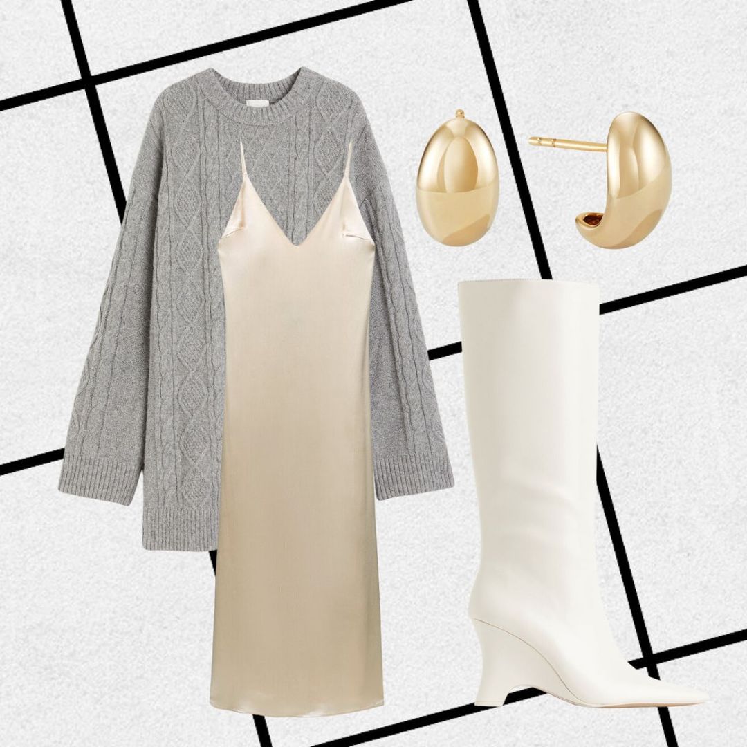 Outfit consisting of satin dress, grey cable knit, gold earrings and cream boots 