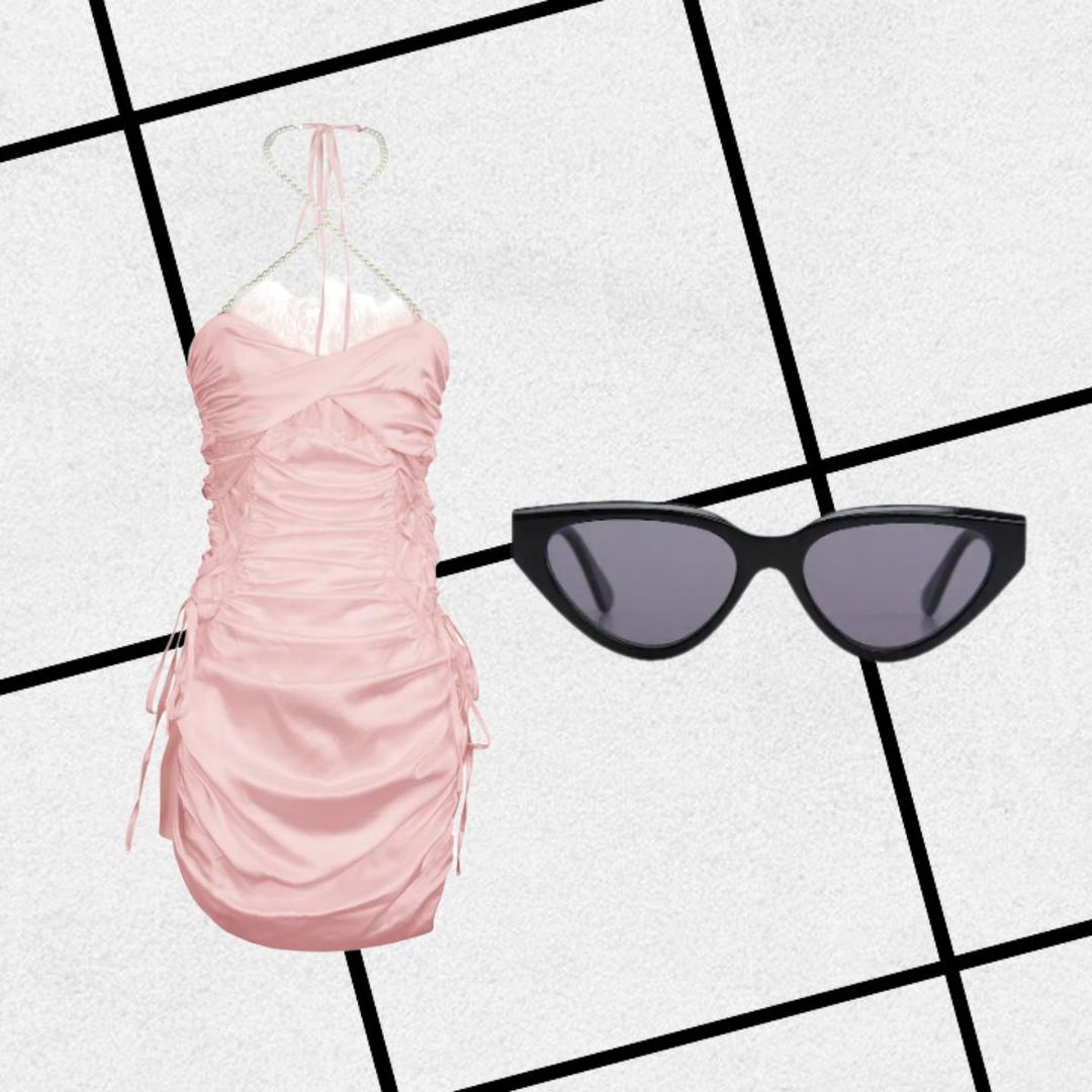 Pink satin mini dress with pearl halter detailing and cat-eye sunglasses