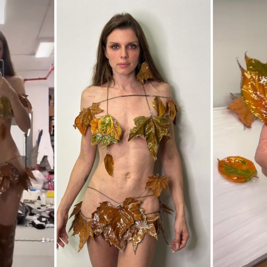 Julia Fox is the ultimate "Fall Girl" in DIY dress made from fallen leaves