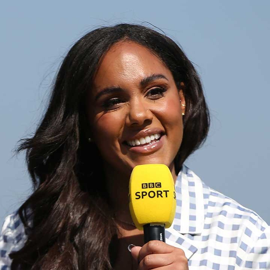 Alex Scott sizzles in baby blue PVC trousers as she announces exciting news