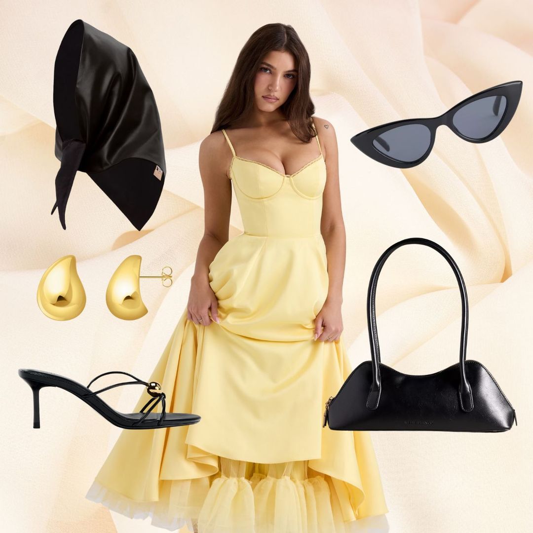 A collage of a yellow dress, black shoes, handbag, scarf and sunglasses