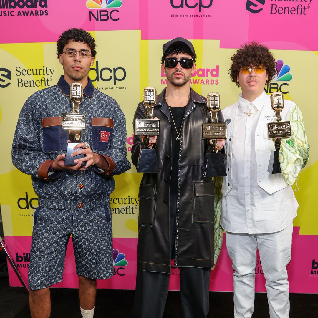 Bysael MartÃ­nez Ocasio, Bad Bunny and Bernie MartÃ­nez Ocasio, winners of the Top Latin Song Award poses backstage for the 2021 Billboard Music Awards, broadcast on May 23, 2021 at Microsoft Theater in Los Angeles, California