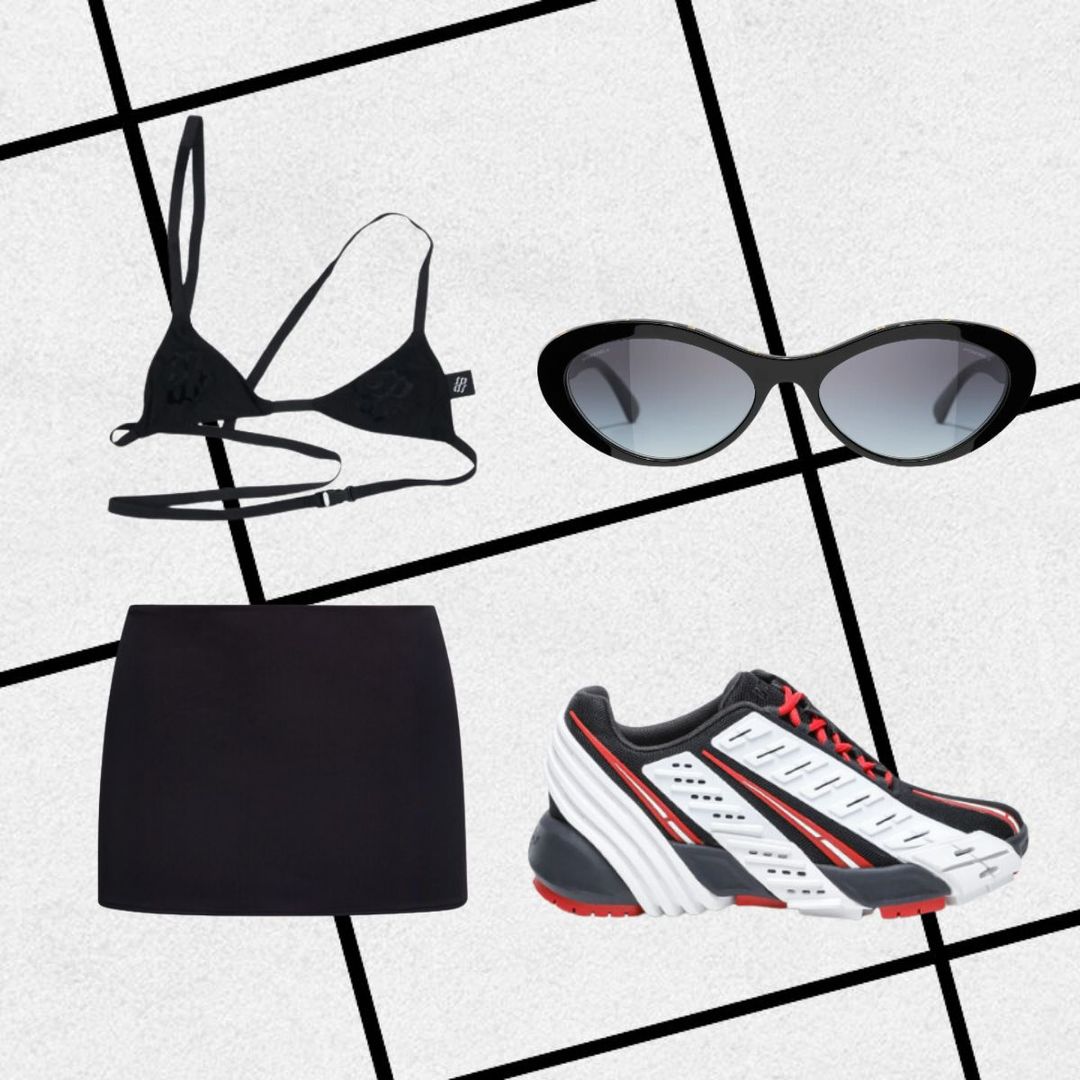 Black mesh bra, micro skirt, oval sunglasses and sporty sneakers 