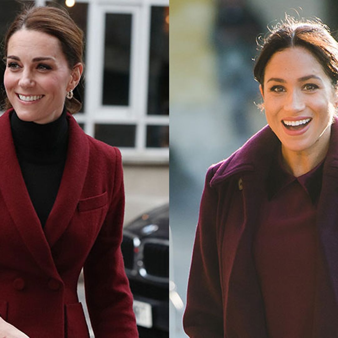 Kate matches Meghan in her berry-coloured outfit on the same day