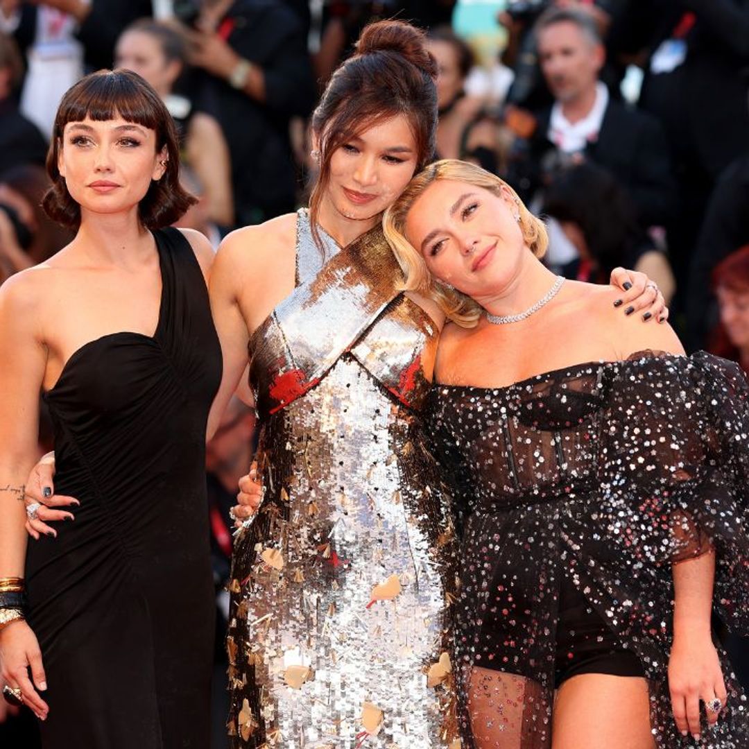 Gemma Chan supports Florence Pugh on the Venice Film Festival red carpet in dazzling gold gown