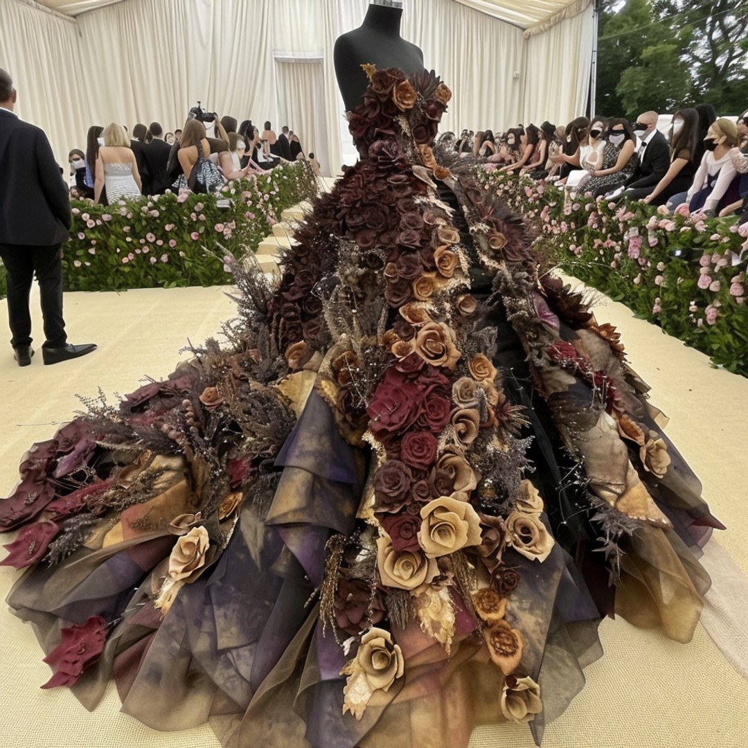 Floral Adorned gown generated by AI on the Met Gala steps