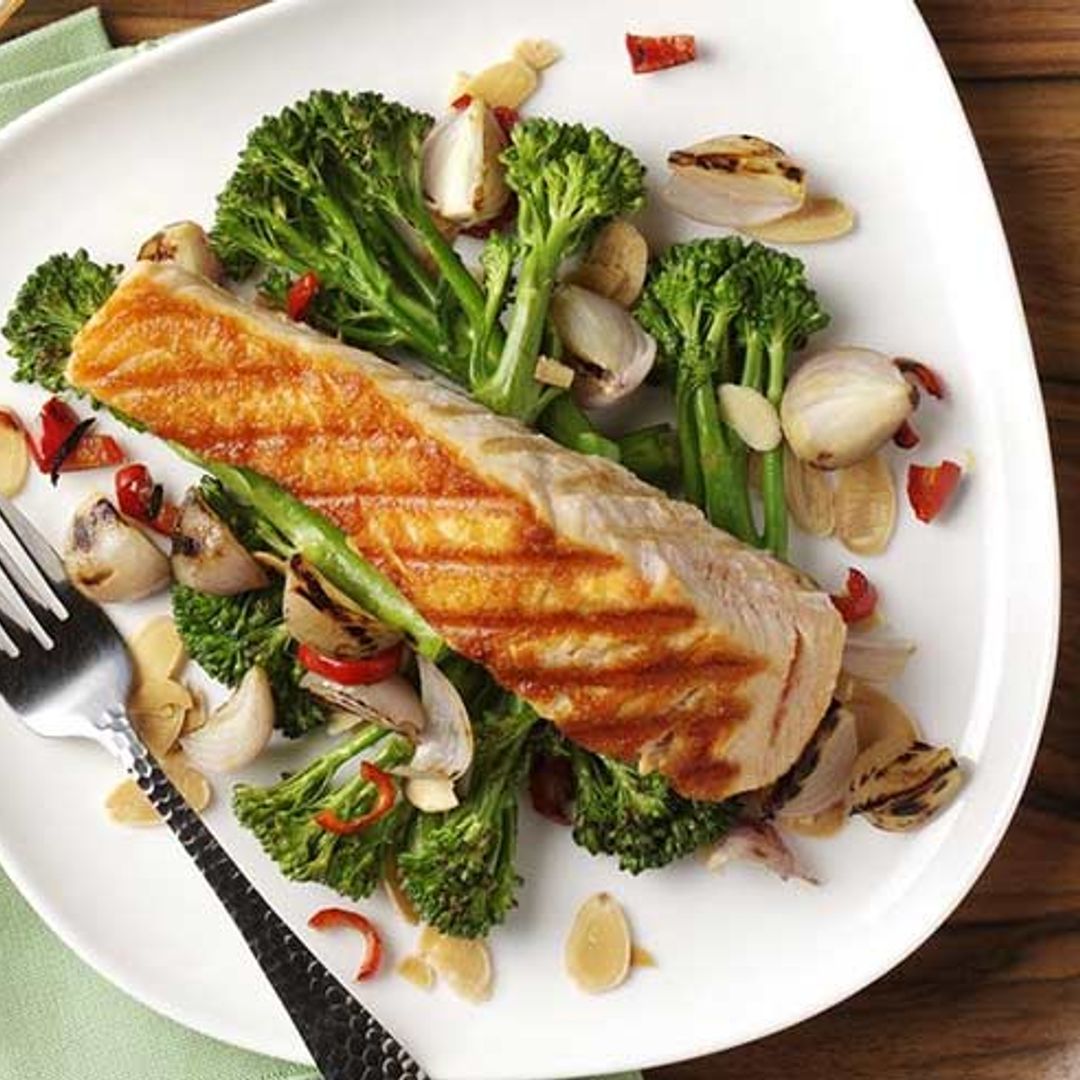 Recipe: Griddled salmon on a bed of broccoli, shallot and chilli stir fry