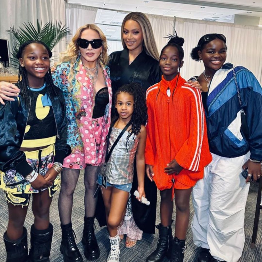 Photo shared by Madonna on her Instagram Stories August 2023 with her daughters, twins Stella and Estere plus Mercy, backstage at the Renaissance tour with Beyoncé and her daughter Rumi at MetLife Stadium on July 30.