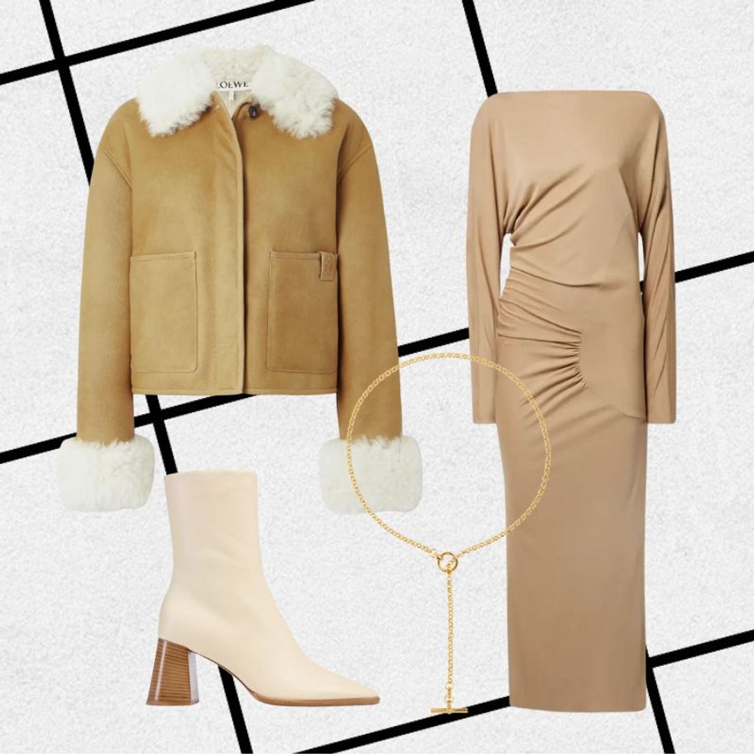 Outfit consisting of shearling jacket, beige jersey dress, cream boots and gold T-bar necklace 