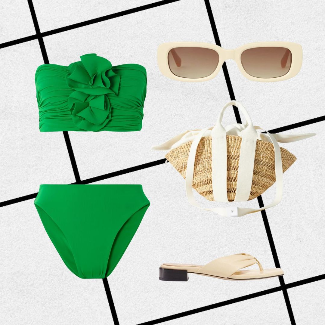 Outfit consisting of green strapless bikini, cream sunglasses, beach bag and cream flip flops 