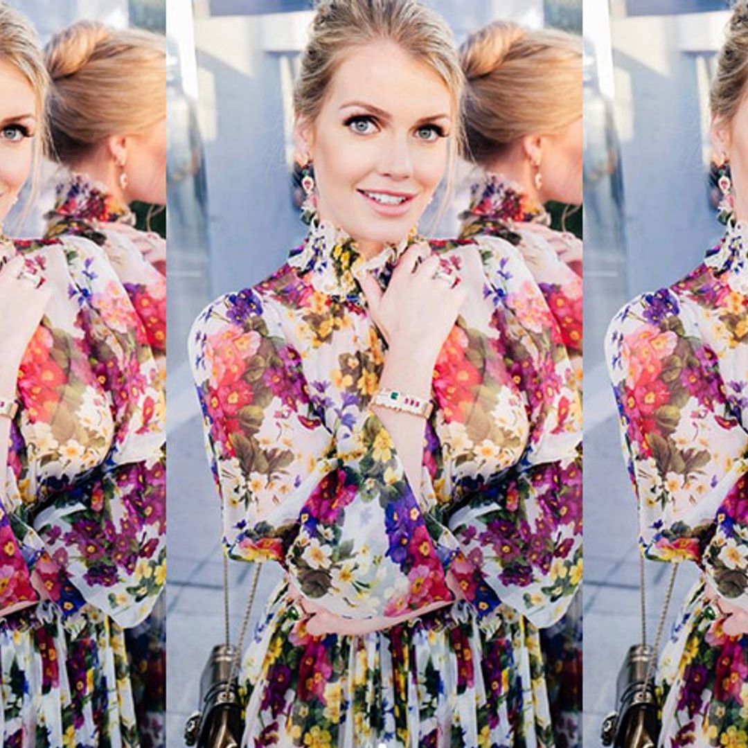 Lady Kitty Spencer wears a pansy-printed dress and looks very happy about it