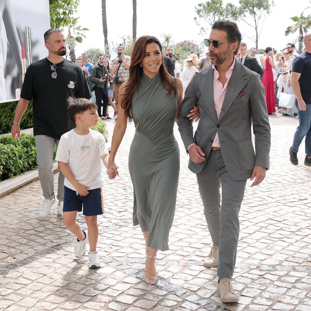 Santiago Enrique Baston, Eva Longoria and JosÃ© Antonio Baston are seen at Hotel Martinez during day six of the 78th Cannes Film Festival on May 18, 2025 in Cannes, France