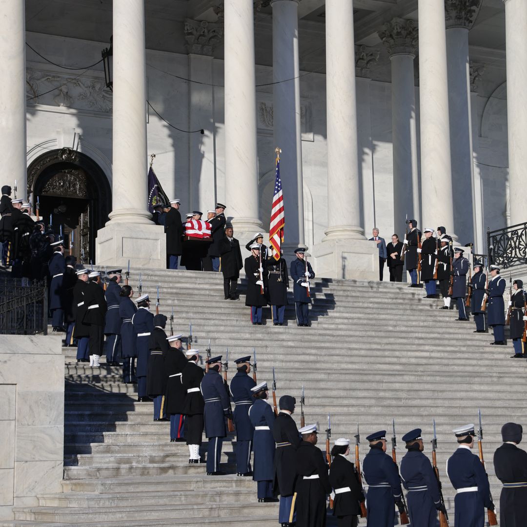 The remains of former US President Jimmy Carter leave the US Capitol for the State Funeral Service at the Washington National Cathedral in Washington, DC, on January 9, 2025.