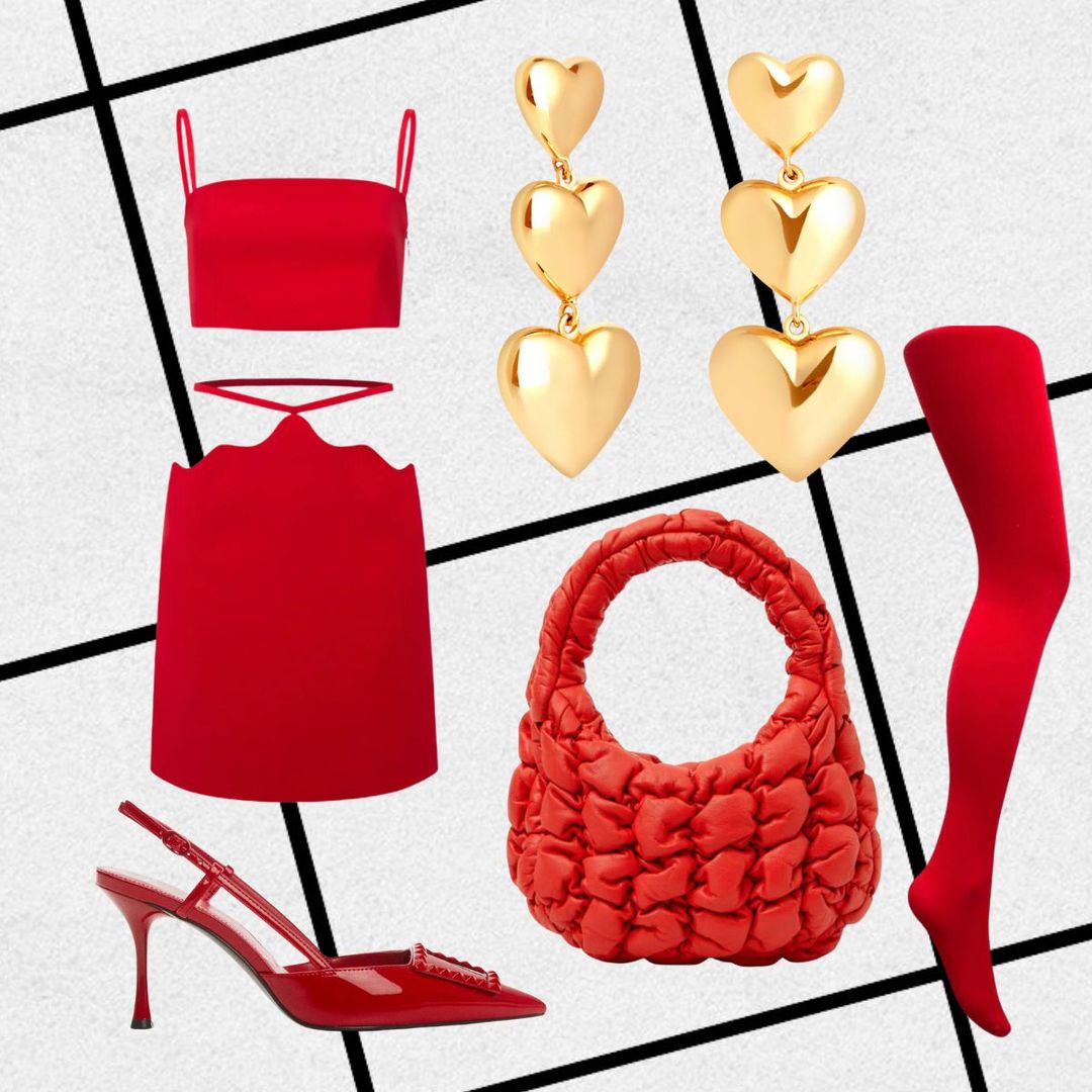 Natalie's Valentine's Day outfit: red cut-out dress, red tights, gold heart earrings and red textured bag 